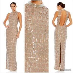 Mac Duggal Taupe Sequined High Neck Sleeveless Column Gown 10 NWT